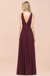 Elegant V-Neck Burgundy Chiffon Affordable Bridesmaid Dress with Ruffle-27dress